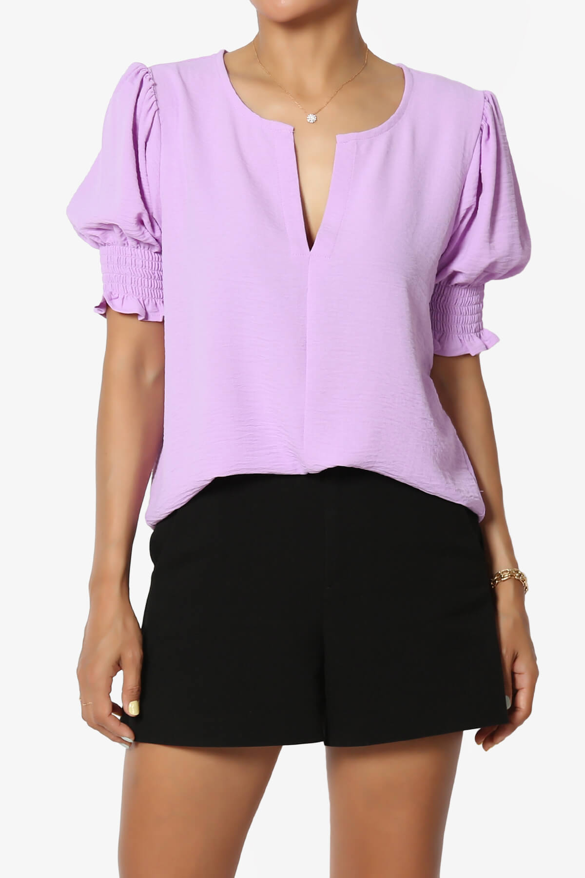 Load image into Gallery viewer, Tori Cool Woven Puff Short Sleeve Top BRIGHT LAVENDER_1
