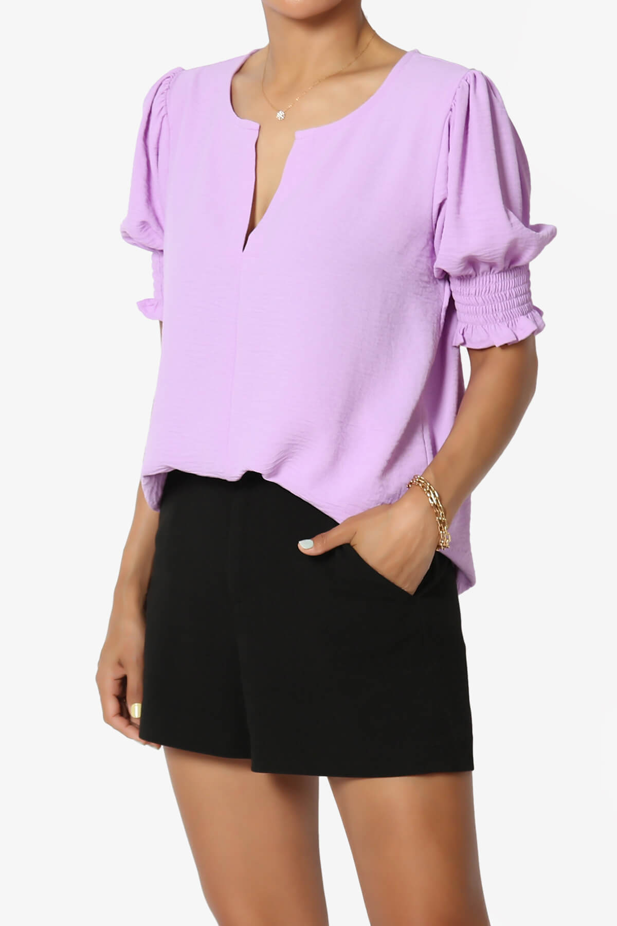 Load image into Gallery viewer, Tori Cool Woven Puff Short Sleeve Top BRIGHT LAVENDER_3
