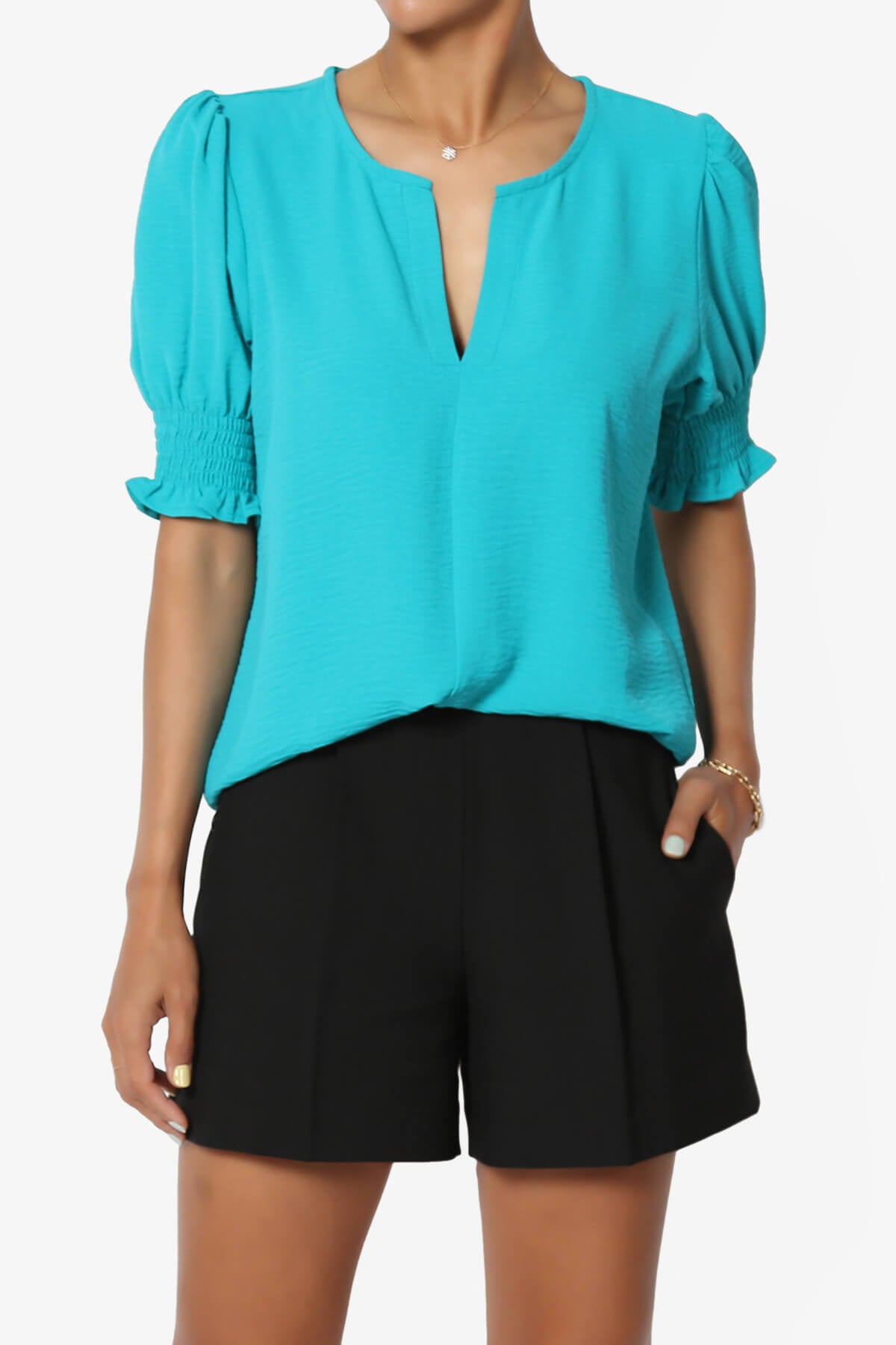 Load image into Gallery viewer, Tori Cool Woven Puff Short Sleeve Top LT TEAL_1
