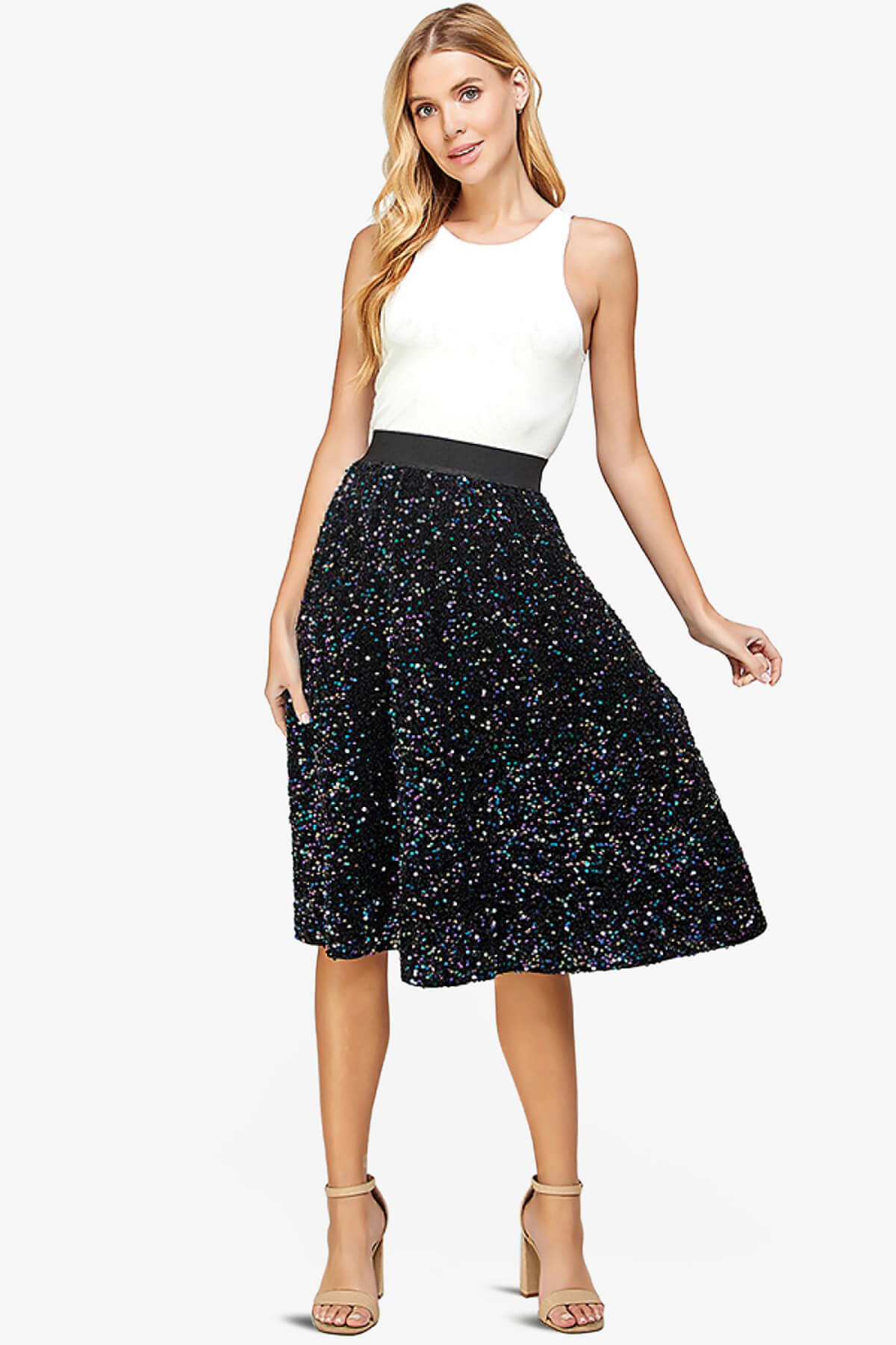 Ulyana Sequin A-Line Midi Skirt BLACK_5