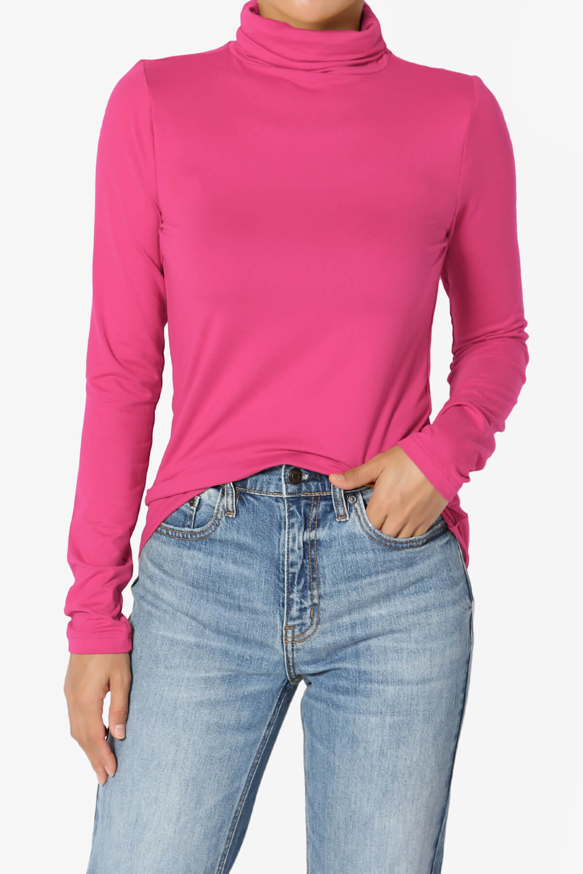 Viable Ruched Turtle Neck Long Sleeve Top HOT PINK_1