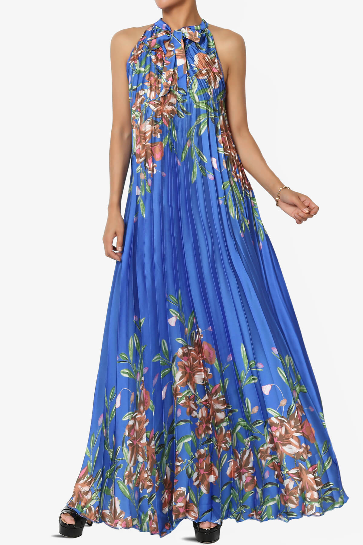 Vivienne Floral Halter Pleated A Line Maxi Dress BLUE_1
