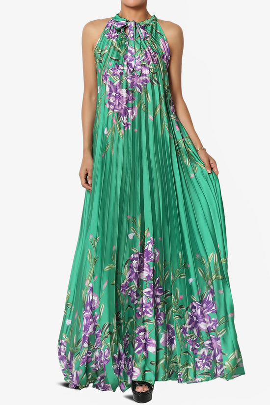 Vivienne Floral Halter Pleated A Line Maxi Dress GREEN_1