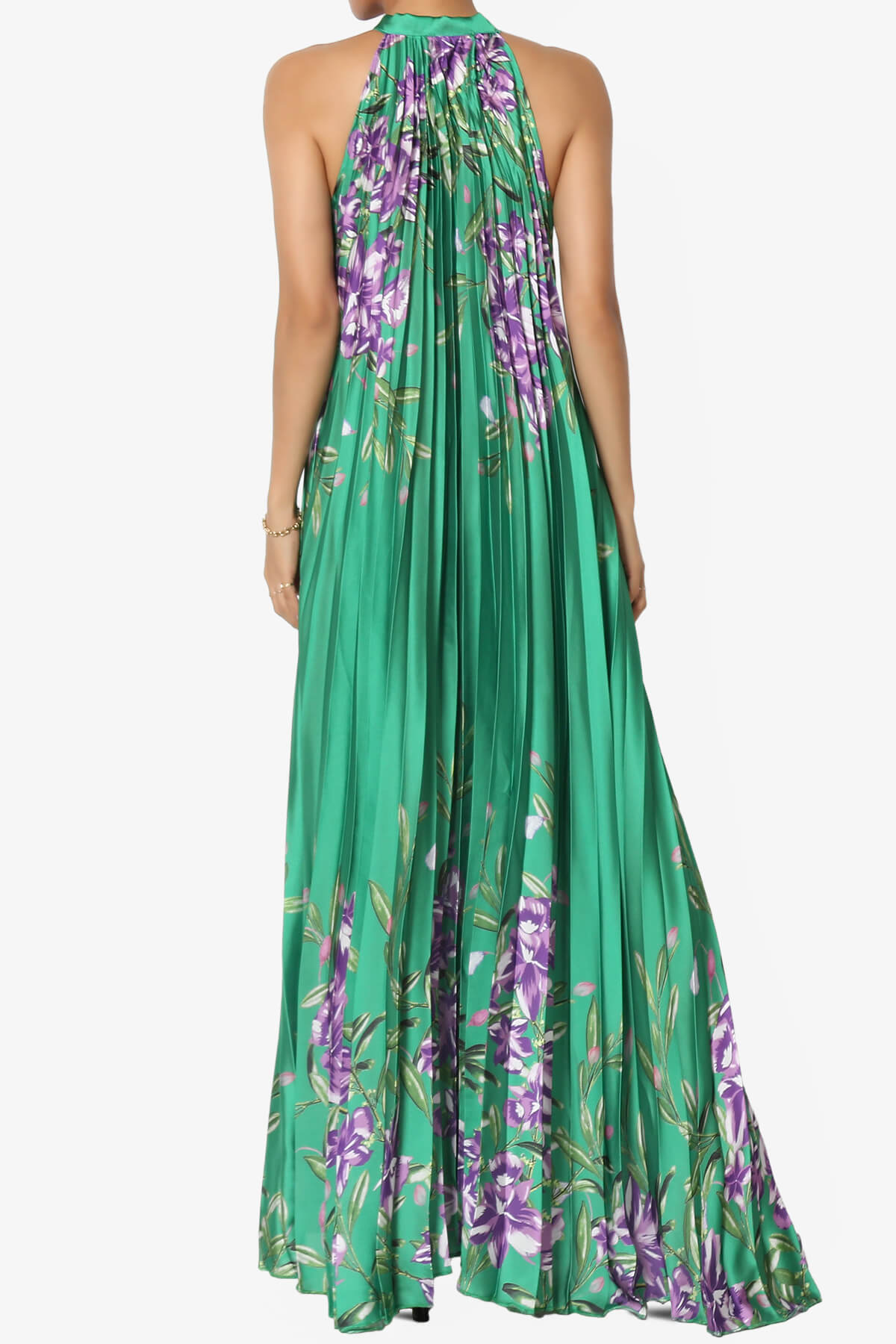Vivienne Floral Halter Pleated A Line Maxi Dress GREEN_2