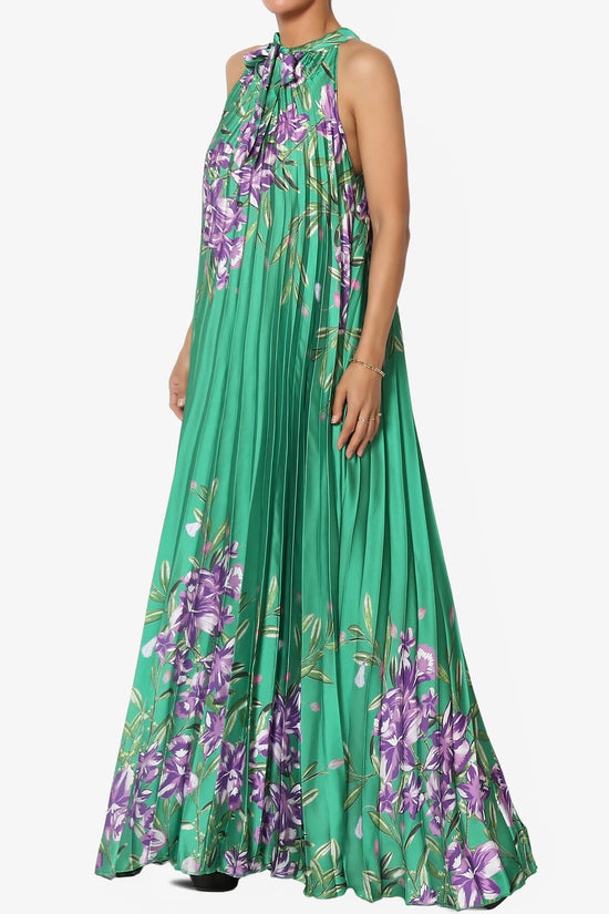 Vivienne Floral Halter Pleated A Line Maxi Dress GREEN_3