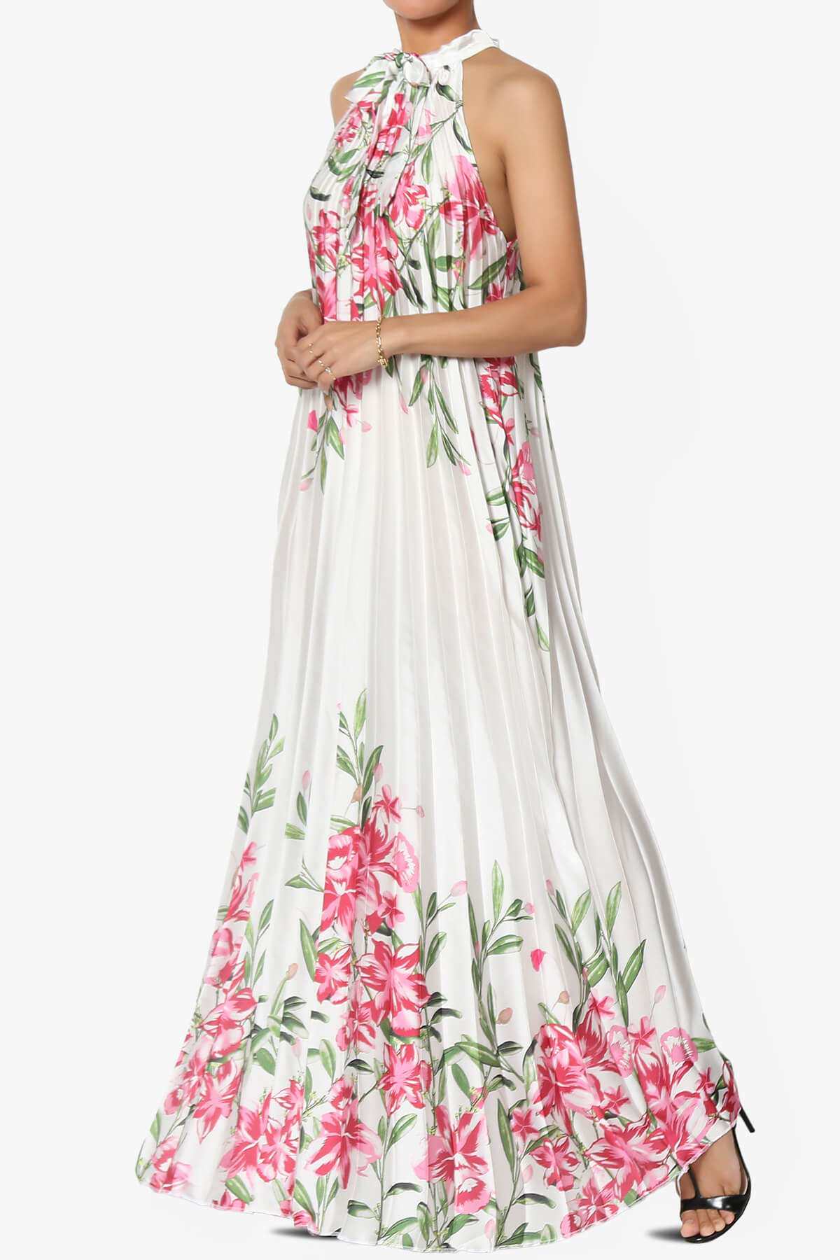 Load image into Gallery viewer, Vivienne Floral Halter Pleated A Line Maxi Dress WHITE_3
