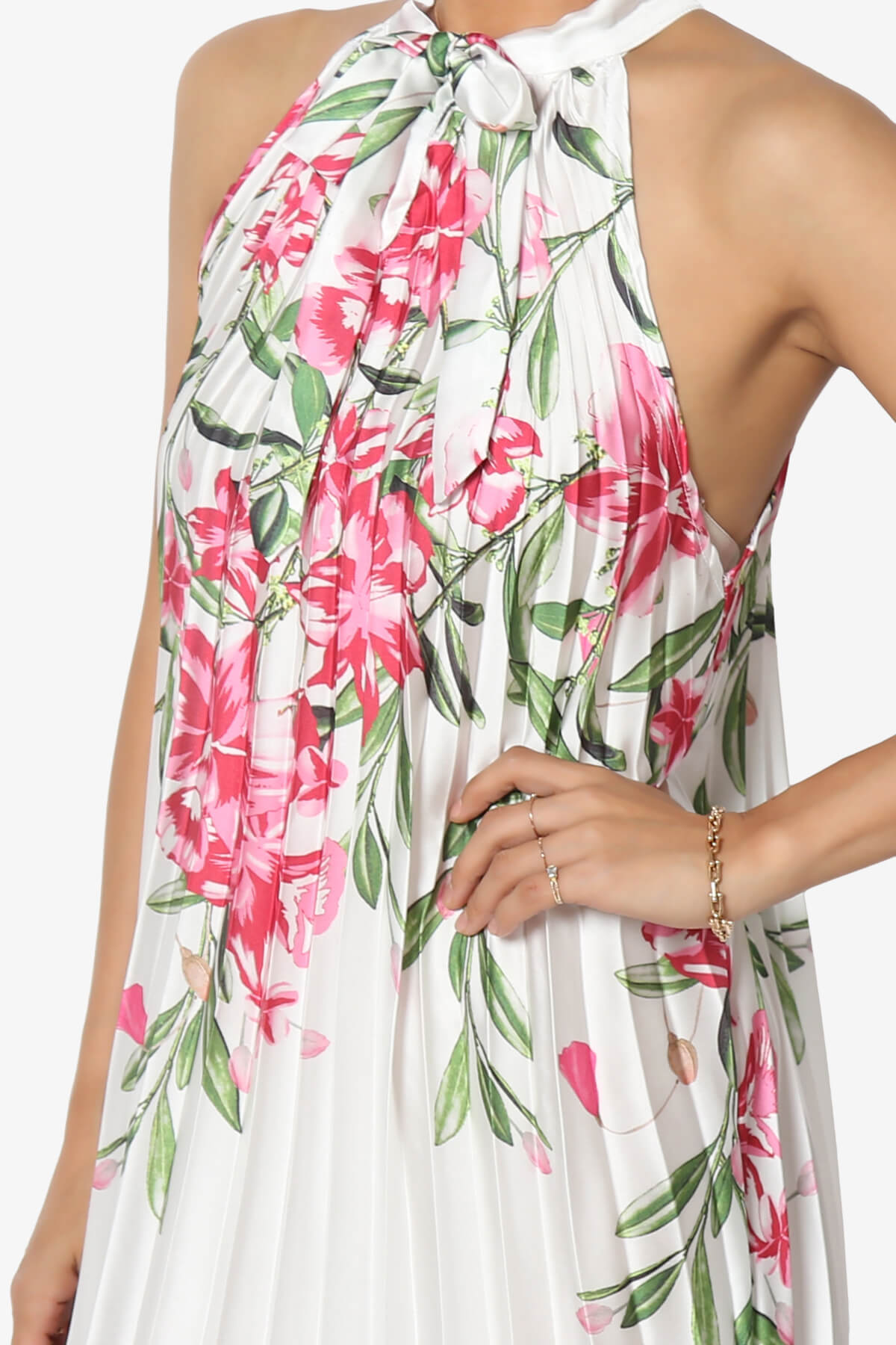 Load image into Gallery viewer, Vivienne Floral Halter Pleated A Line Maxi Dress WHITE_5
