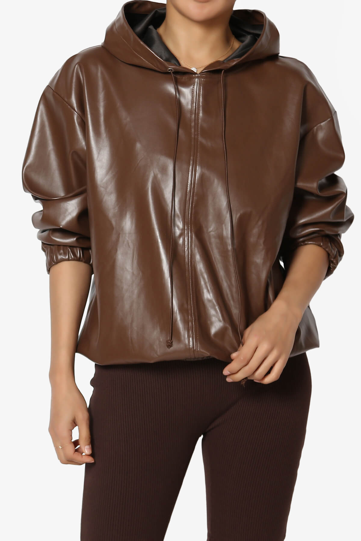 Xandra Faux Leather Oversized Hoodie BROWN_1