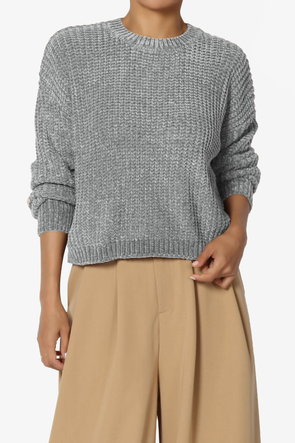 Zeeta Soft Chenille Crop Sweater HEATHER GREY_1