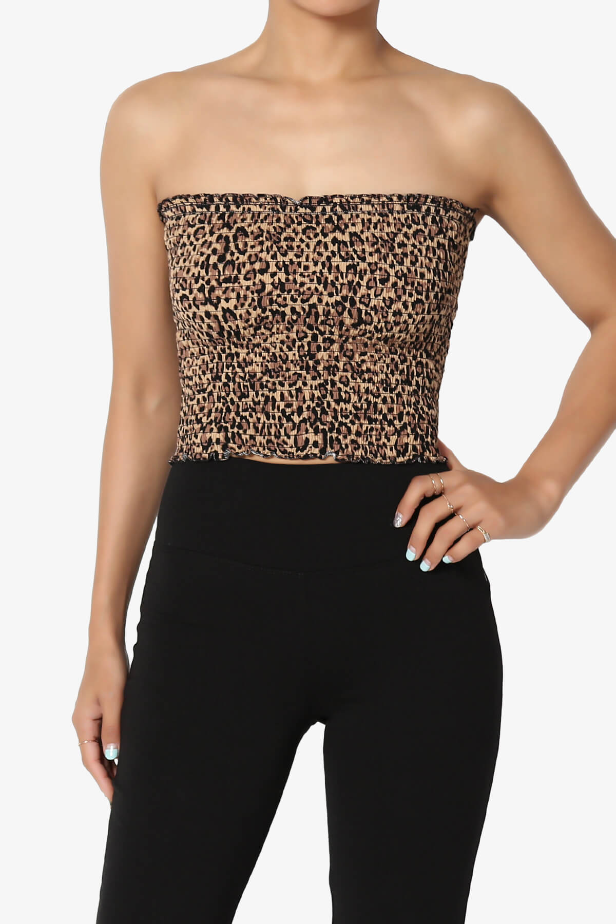 Faleece Leopard Smocked Crop Tube Top CAMEL_1