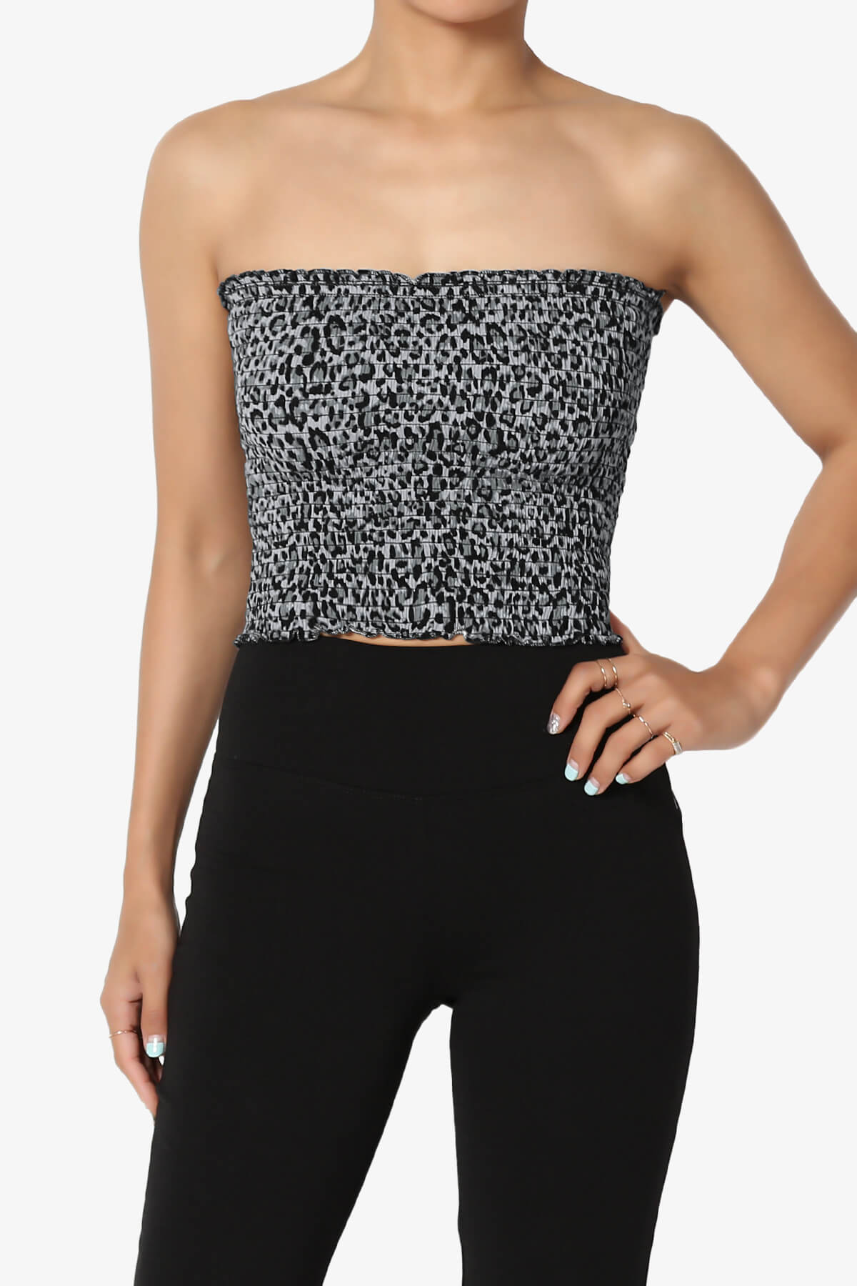 Faleece Leopard Smocked Crop Tube Top GREY_1