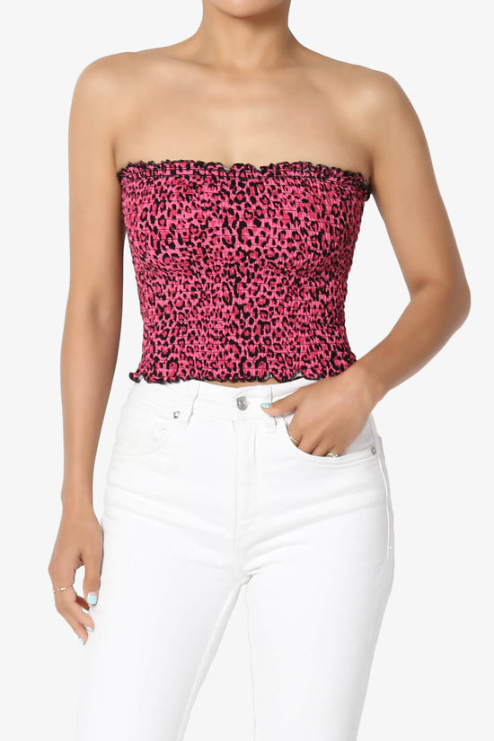 Faleece Leopard Smocked Crop Tube Top HOT PINK_1