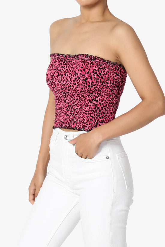 Faleece Leopard Smocked Crop Tube Top HOT PINK_3