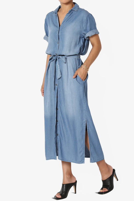 Chambray Belted Midi Shirt Dress