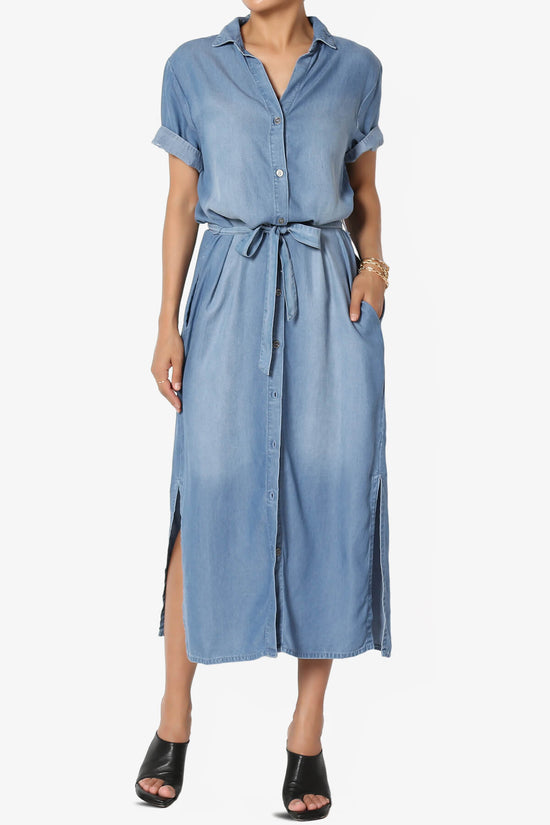 Chambray Belted Midi Shirt Dress