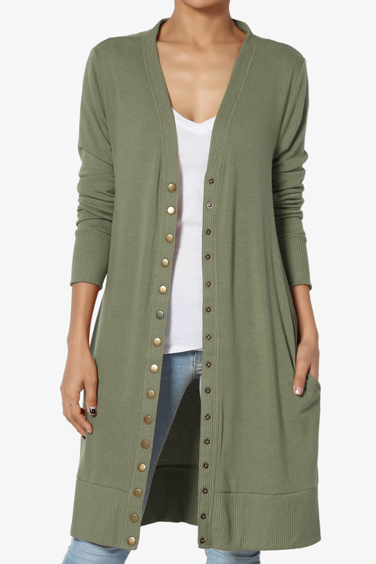 Braeden Snap Button Long Cardigan DUSTY OLIVE_1