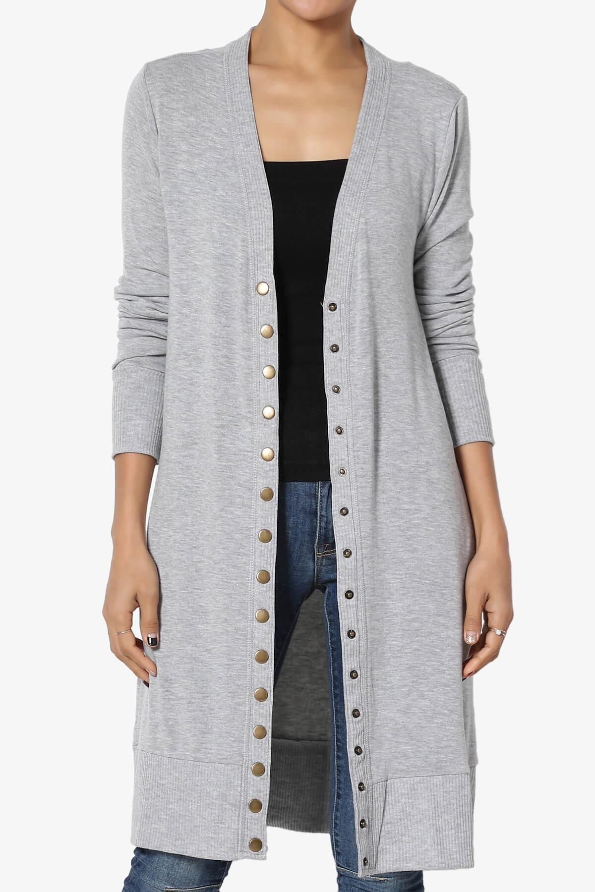 Braeden Snap Button Long Cardigan HEATHER GREY_1