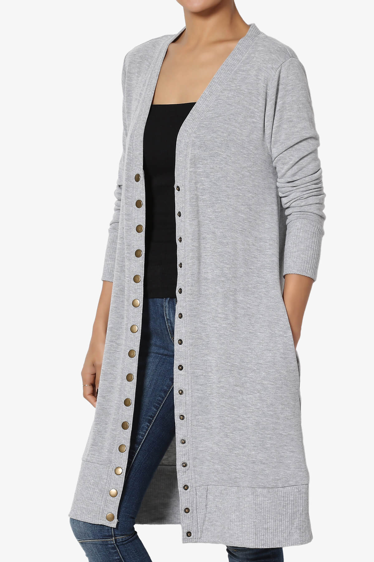 Braeden Snap Button Long Cardigan HEATHER GREY_3