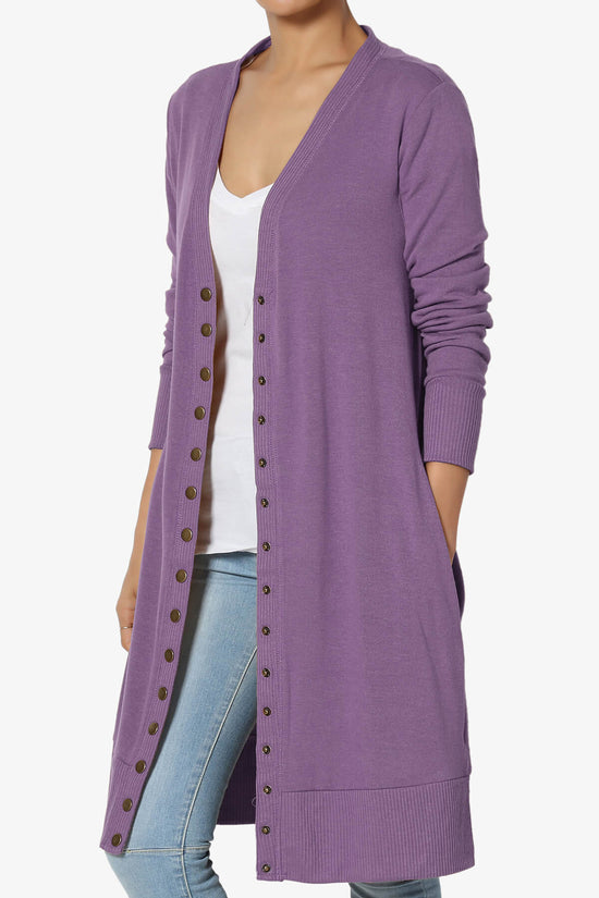 Braeden Snap Button Long Cardigan LILAC GREY_3