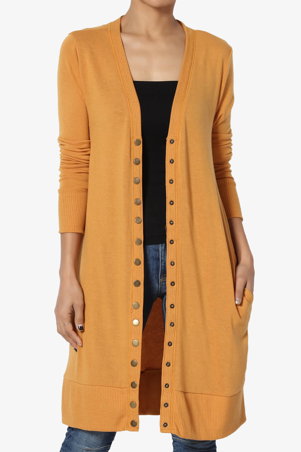 Braeden Snap Button Long Cardigan MUSTARD_1