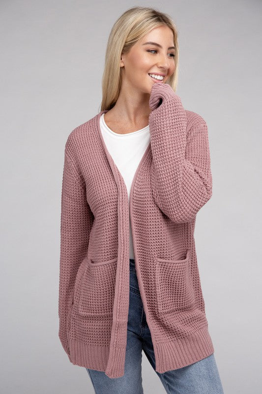 ZENANA Low Gauge Waffle Open Cardigan Sweater