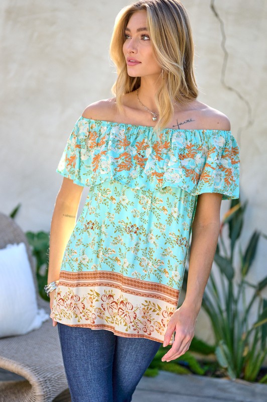 Davi & Dani Printed Off Shoulder Smocked Top