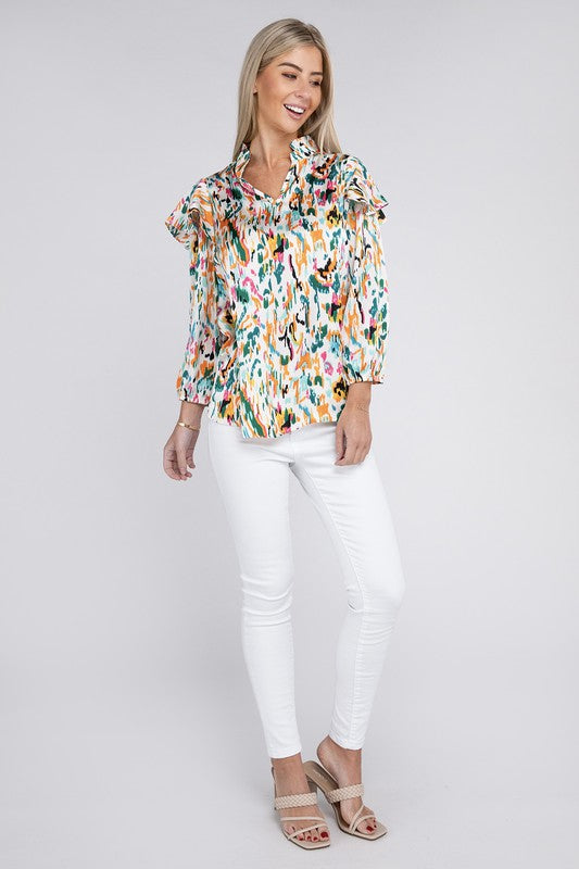 Nuvi Apparel Multicolor Print Ruffle Blouse