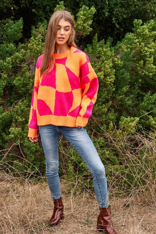 Davi & Dani Multi Geo Checker Pullover Knit Sweater Top