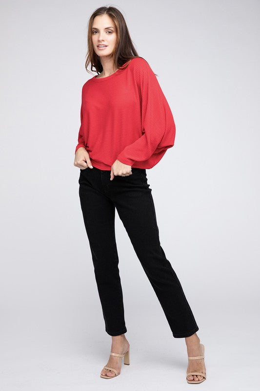 Load image into Gallery viewer, ZENANA Ribbed Batwing Long Sleeve Boat Neck Sweater
