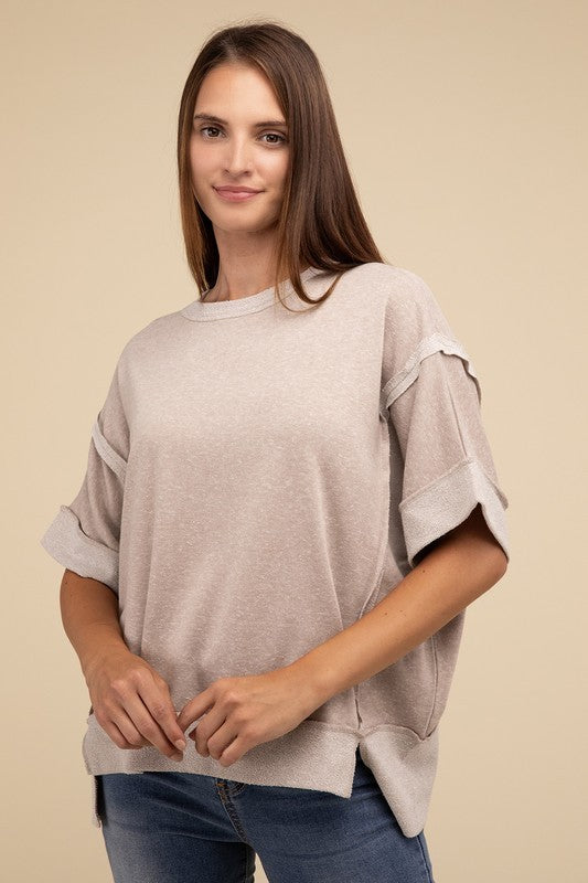 Emory Park Contrast Trim Top Stitching Drop Shoulder Top