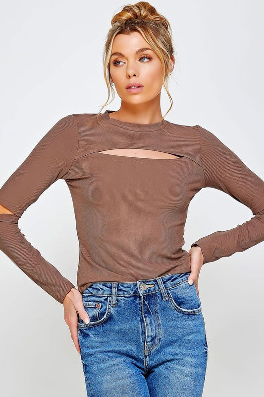 Sweet Generis RIBBED FITTED LONG SLEEVE TOP WITH CHEST CUTOUT