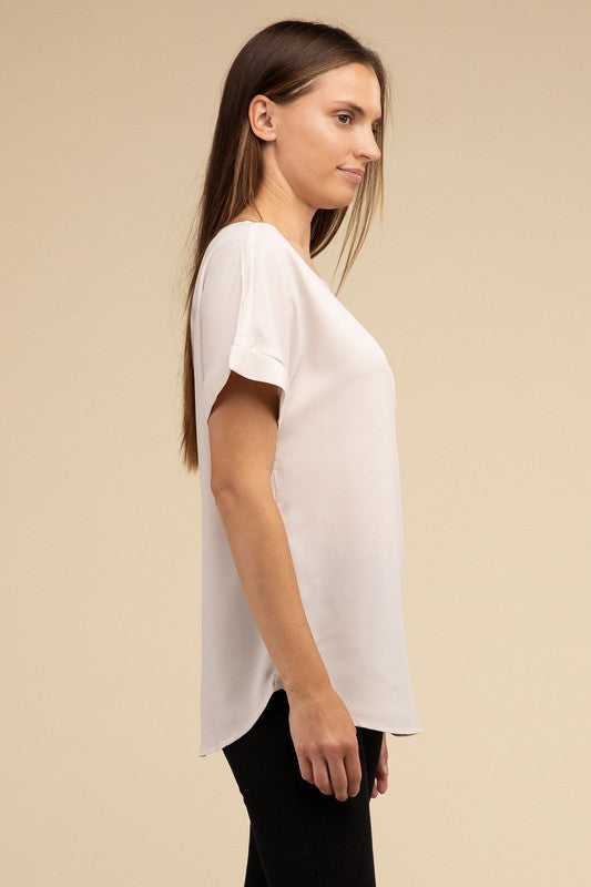 ZENANA Woven Heavy Dobby Rolled Sleeve Boat Neck Top