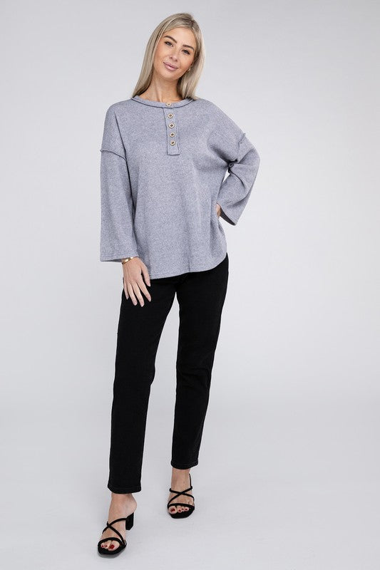 ZENANA Ribbed Brushed Melange Hacci Henley Sweater