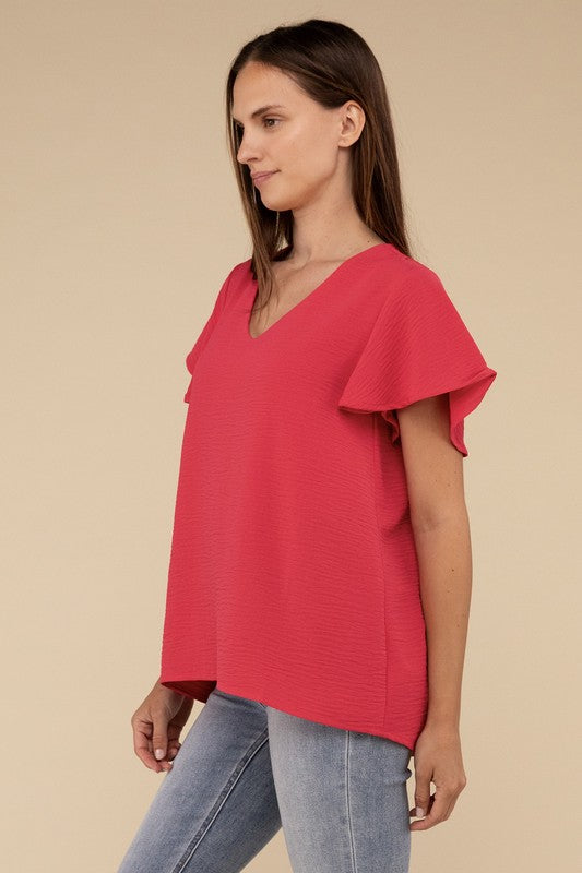 ZENANA Woven Airflow Flutter Sleeve Top