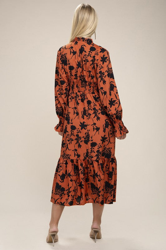 Load image into Gallery viewer, Nuvi Apparel Floral Print Bishop Sleeve Shirred Dress
