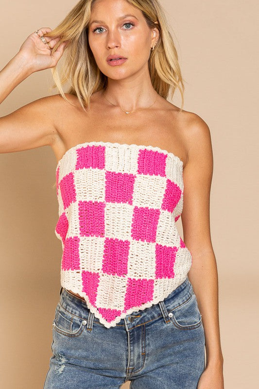 POL Checkerboard Pattern Tube Top Sweater