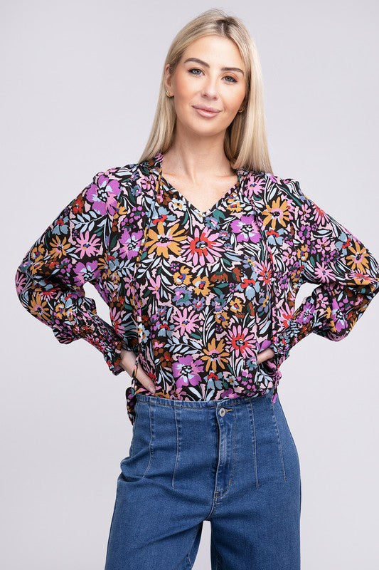 Nuvi Apparel Floral Print Tie V Neck Blouse