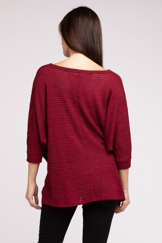 ZENANA 3/4 Sleeve V-Neck Hi-Low Hem Jacquard Sweater