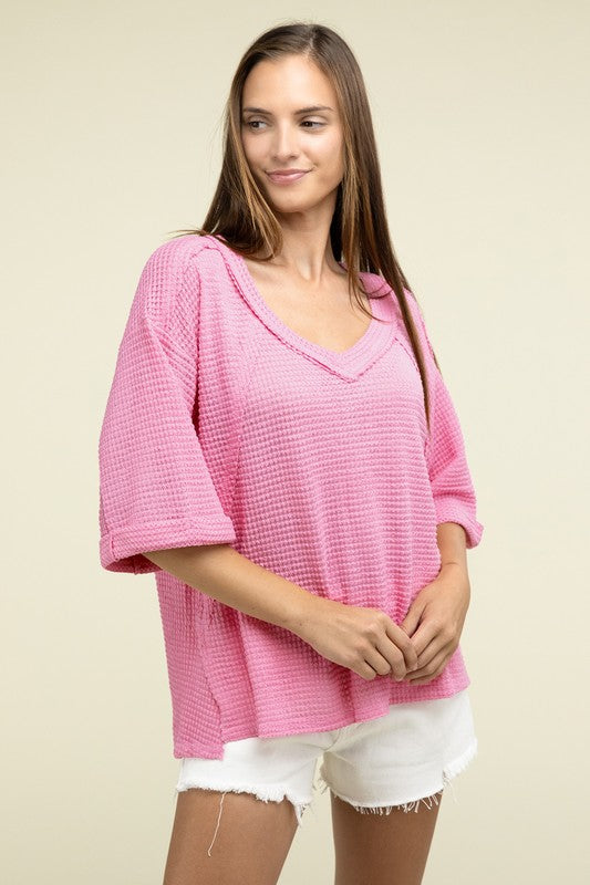 ZENANA Brushed Waffle Exposed-Seam 3/4 Sleeve Top