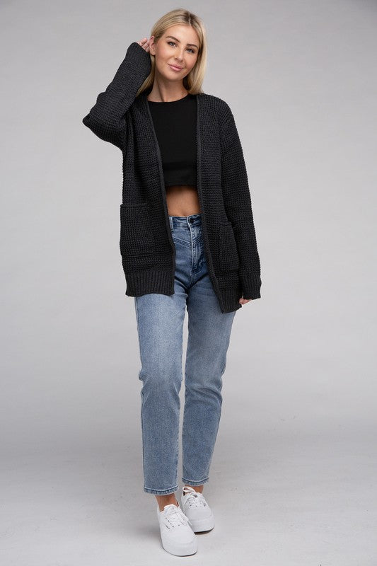 ZENANA Low Gauge Waffle Open Cardigan Sweater