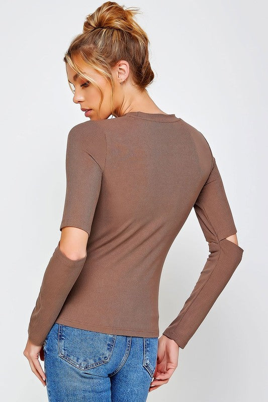 Sweet Generis RIBBED FITTED LONG SLEEVE TOP WITH CHEST CUTOUT