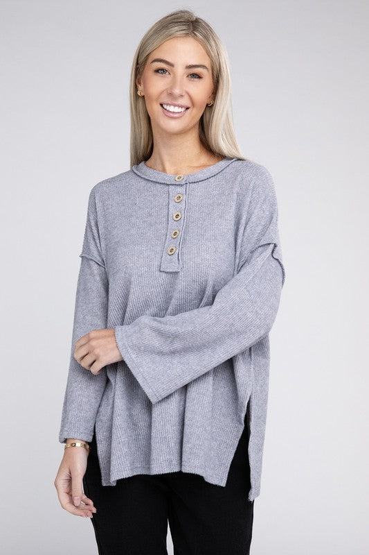 Zenana-Ribbed Brushed Melange Hacci Sweater With A Pocket