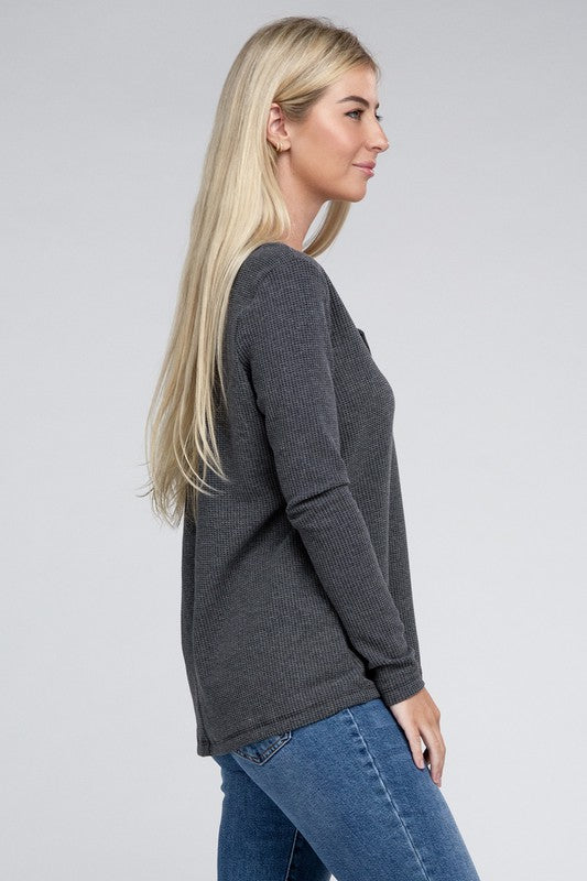 ZENANA Melange Baby Waffle V-Neck Long Sleeve Top