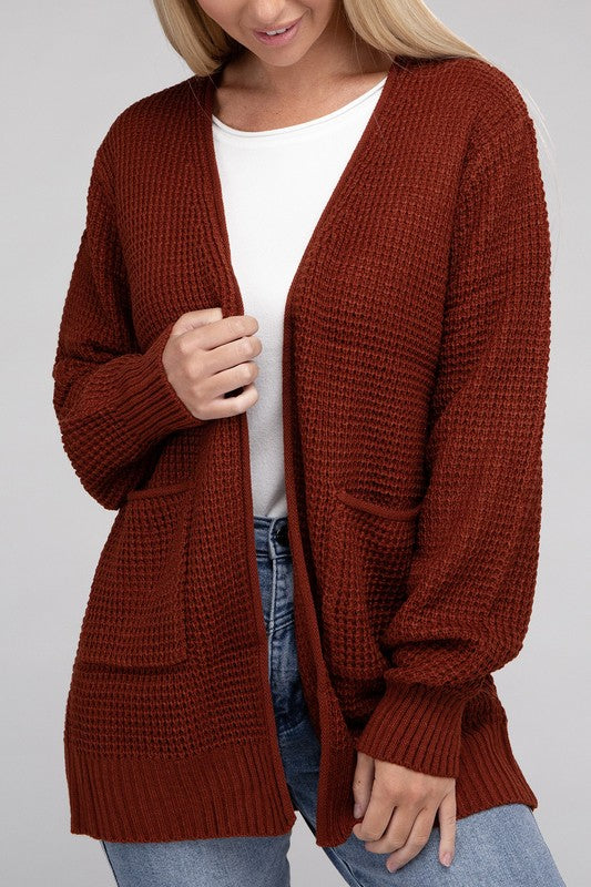 ZENANA Low Gauge Waffle Open Cardigan Sweater