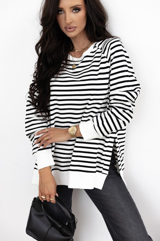 YNIQUE Stripe Raglan Sleeve Side Slits Loose Sweatshirt