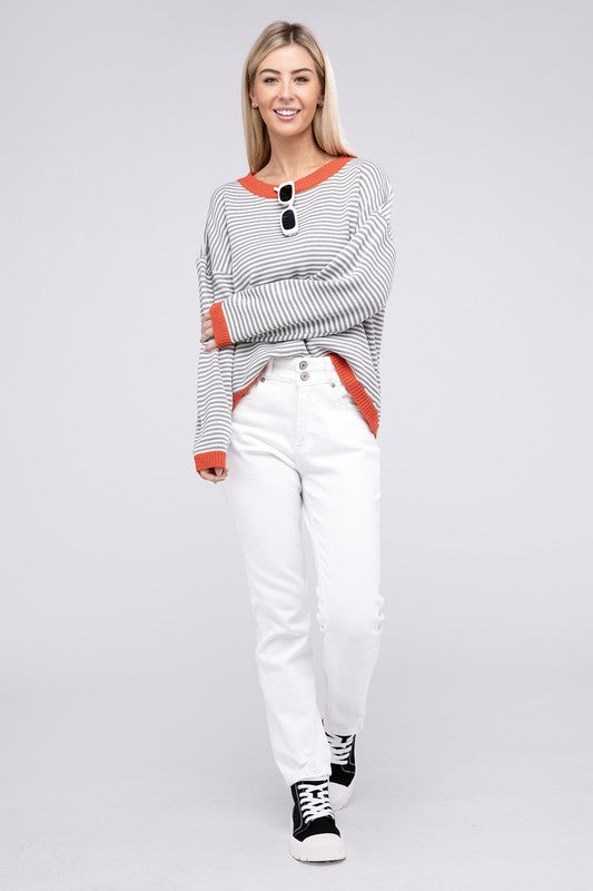 Nuvi Apparel Contrast Trimmed Striped Pullover Knit Top
