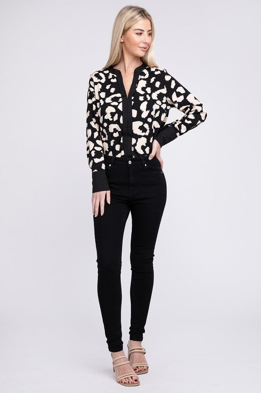 Nuvi Apparel Leopard Notched Neck Blouse