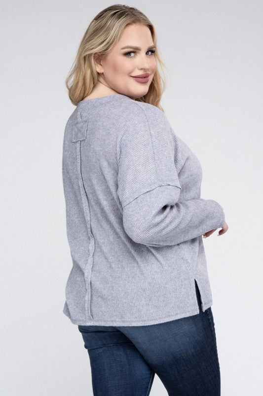 ZENANA Plus Ribbed Brushed Melange Hacci Sweater