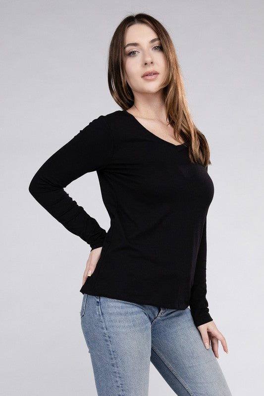 ZENANA Cotton V-Neck Long Sleeve T-Shirt