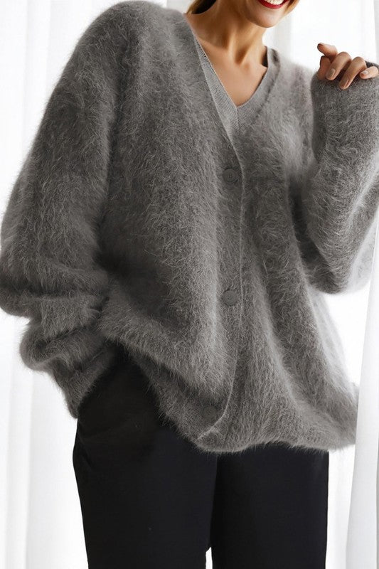 JUNIPER BLVD Solid Mohair V-Neck Fuzzy Knit Sweater Cardigan